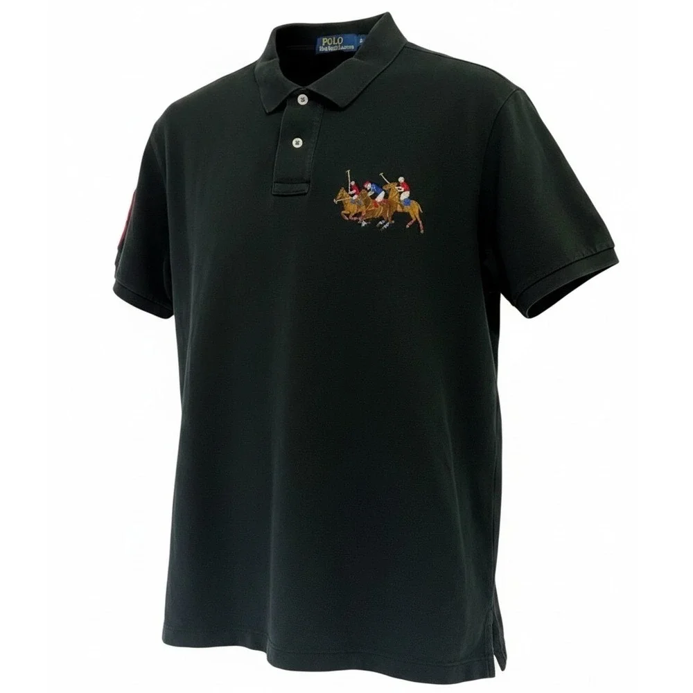Polo Ralph Lauren Mens XL Custom Fit Black Triple Pony Embroidered Polo (K6)